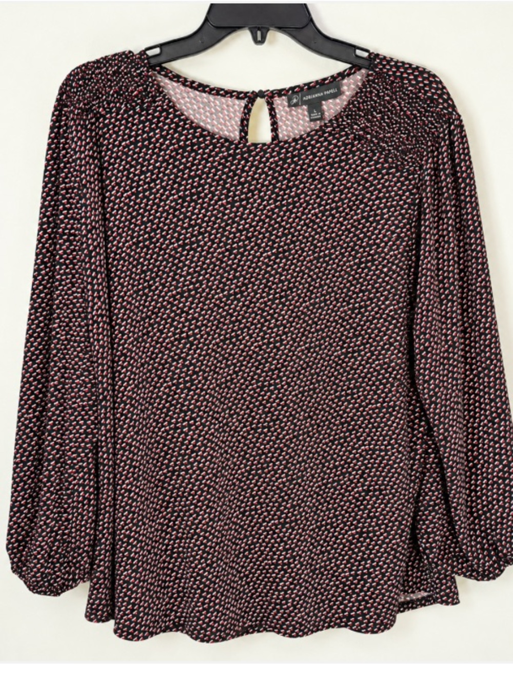 Adrianna Papell Women’s Large Black Red Print Long Sleeve Blouse Top